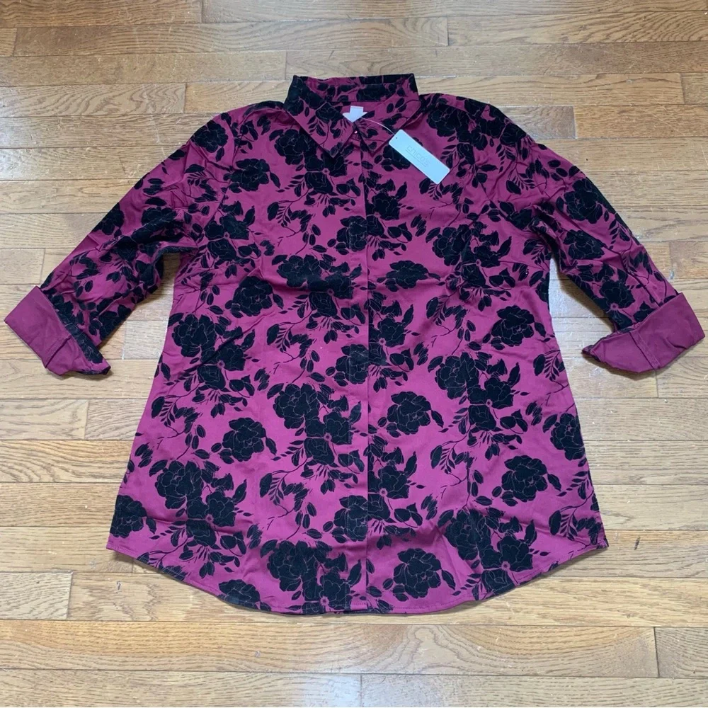 Contemporary Floral Flocked Button-Down Tunic - Size - Large - Monrovia - Picture 10 of 12